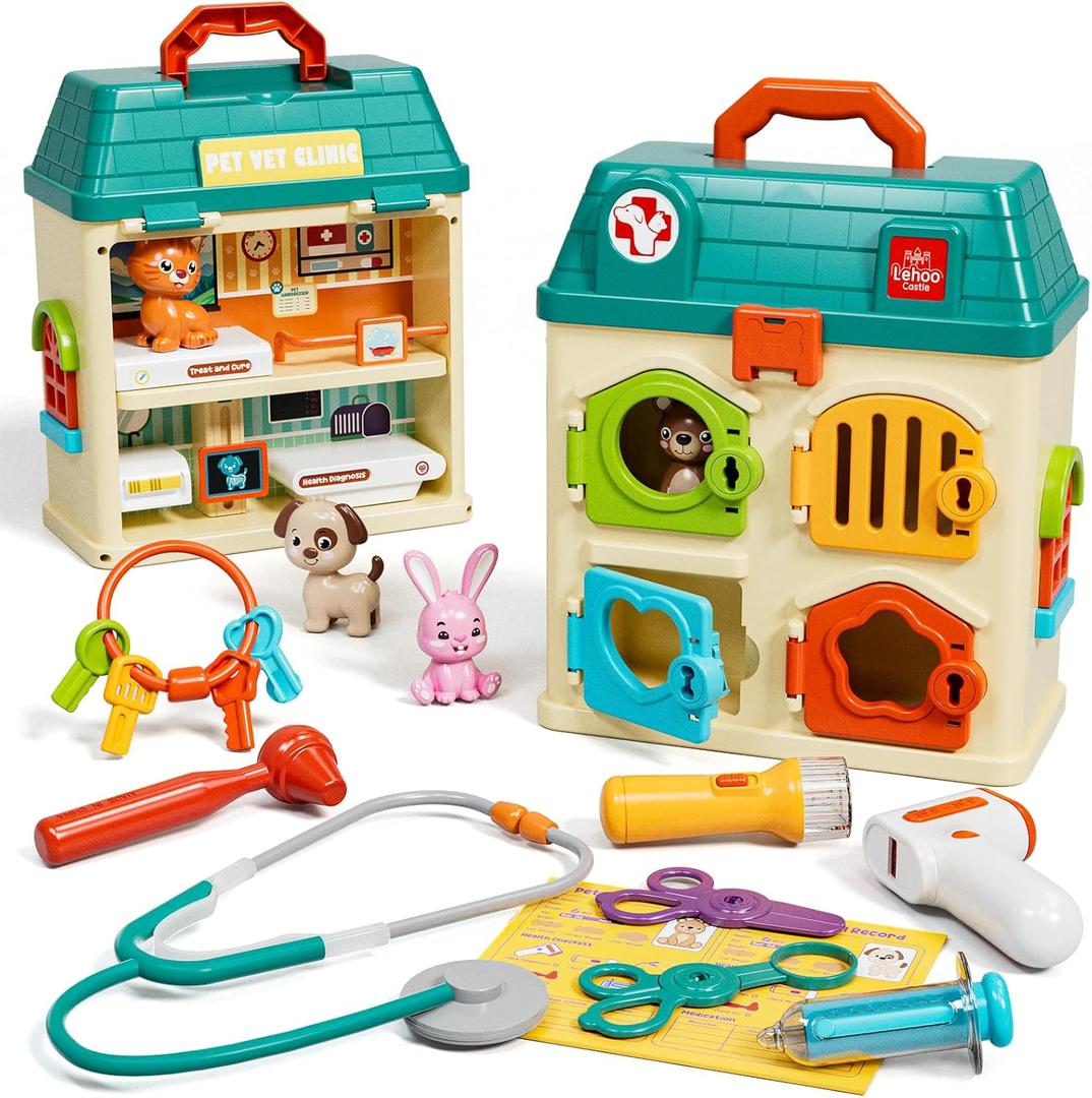 Lehoo Castle Veterinarian Playset for Kids, Pet Vet Toys Doctor Kit for Toddlers 3-5, Critter Clinic Toy with Keys, Pet Care Playset Hospital, Pretend Play Toy for Toddlers 1-3