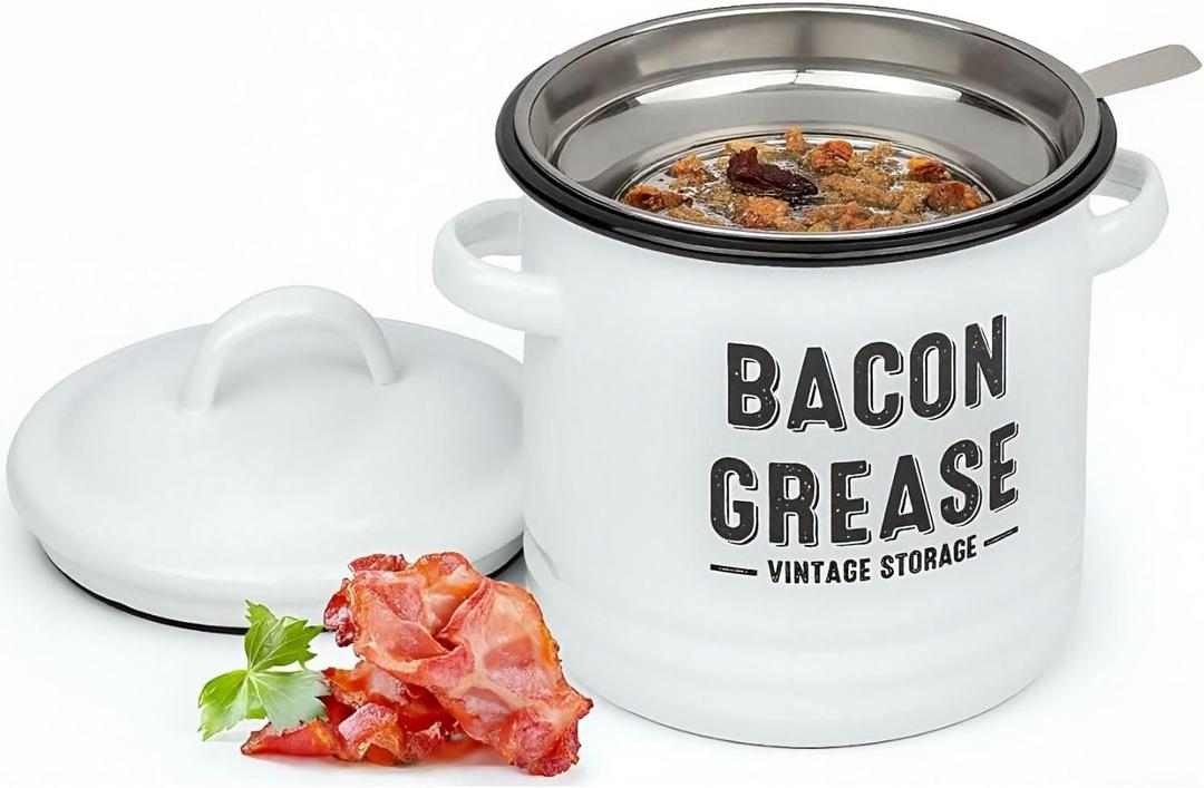 Granrosi Bacon Grease Container with Strainer - 36OZ Stainless Steel Bacon Grease Saver with Airtight Lid; Farmhouse Style Strainer - White