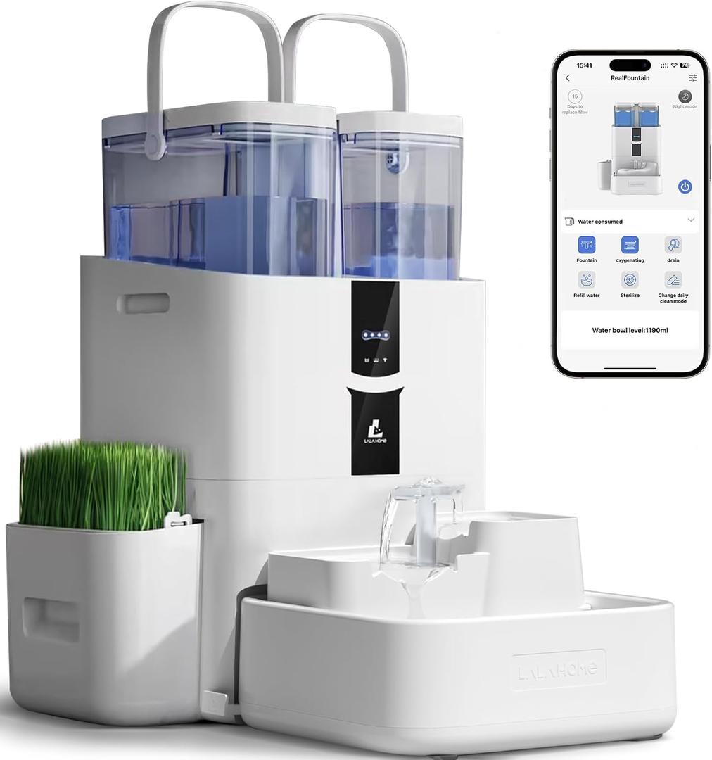 Automatic Cat Water Fountain 10L/338oz Self Filling and Cleaning, Pet Water Dispenser with Filter System for Dogs, 5G Wi-Fi Smart Bowl Wastewater Separation & No Slimy with Quiet Pumps