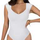 REORIA Butsmooth Women's Trendy Sexy Casual V Neck Double Lined Sleeveless Slimming Going Out Tank Top Bodysuits (White)