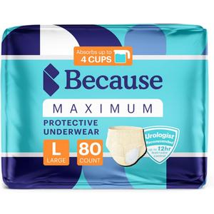 Because Premium Maximum Plus Adult Incontinence and Postpartum Bladder Leak Underwear for Women, Maximum Absorbency, Disposable, Beige, Large, 80 Count (4 Packs of 20) Because Premium Maximum Plus Adult Incontinence and Postpartum Bladder Leak Underwear for Women, Maximum Absorbency, Disposable, Beige, Large, 80 Count (4 Packs of 20)