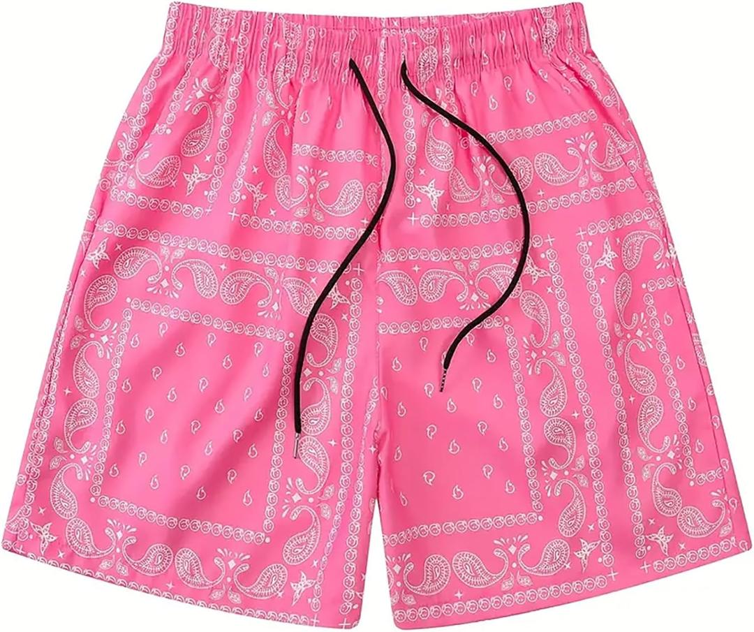 DIOTSR Mens Graphic Shorts Boho Paisley Shorts Athletic Basketball Bandana Shorts Running Streetwear Drawstring Waist (Pink, XS)