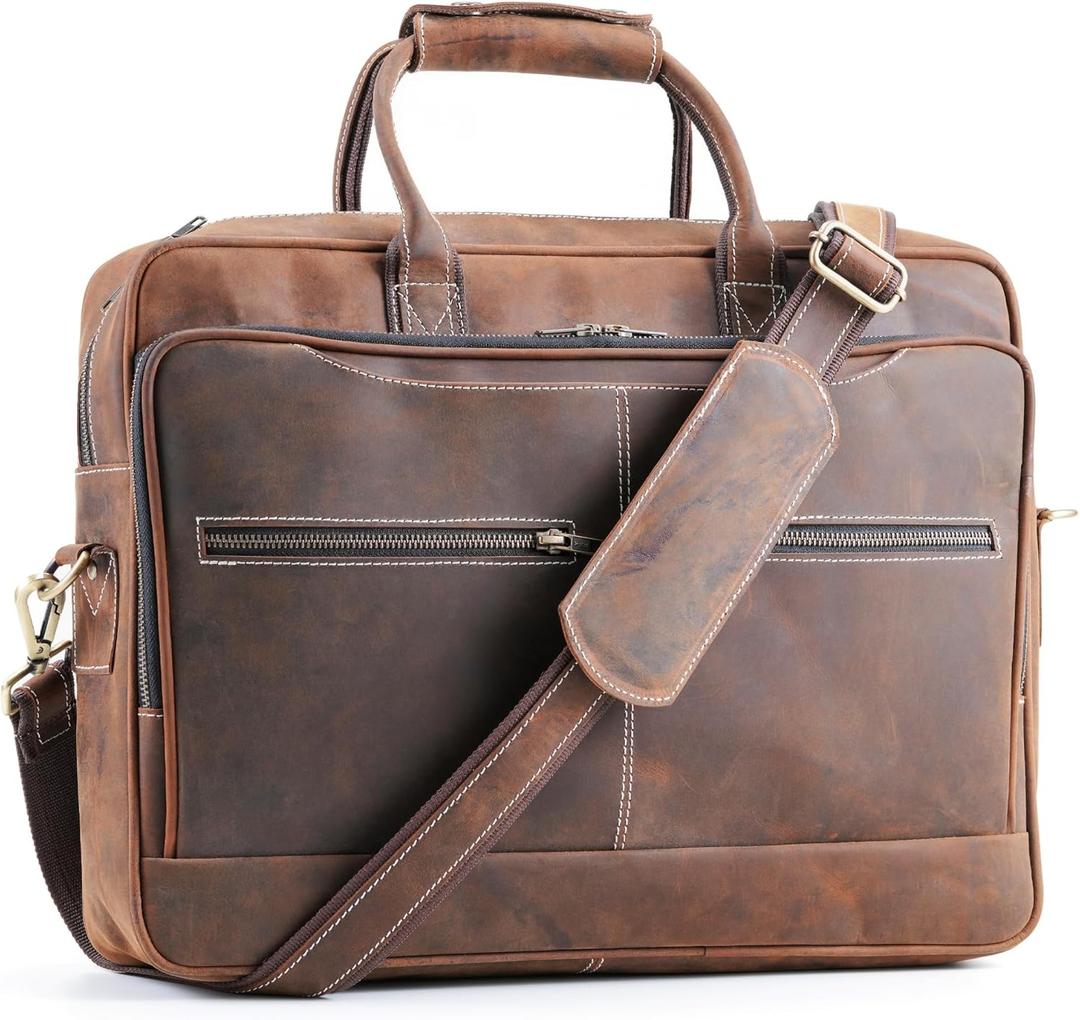 Handmade World Leather Briefcase Messenger Bag For Men 'Vintage Vanguard' Full Grain Buffalo Leather 18 Inch Laptop Computer Satchel Crossbody Business Work Office
