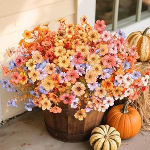 florisso Artificial Fall Flowers Fake Mums for Outdoor Autumn Decoration, 12 Bundles Faux Silk Orange Yellow Mums Daisy Look Real UV Resistant for Outside Home Porch Patio Planter (Fall-6multicolor), Set of 2