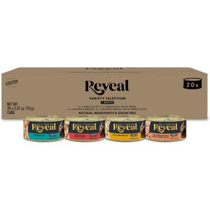 Reveal Natural Wet Canned Cat Food, 4-Flavor Variety Pack, Limited Ingredient, Grain Free, High Protein with No Artificial Additives, Fish and Chicken Variety in Broth (20 x 2.47 oz Cans) (EXP 11/09/27)
