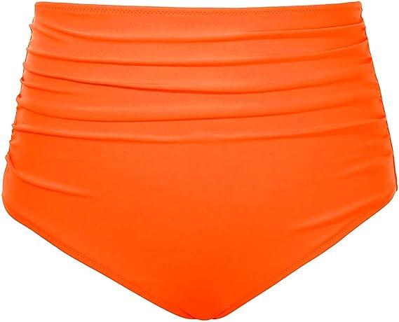 Tempt Me Women High Waisted Bikini Bottom Retro Ruched Swim Bottom Shirred Tankinis Brief (Large, Orange)