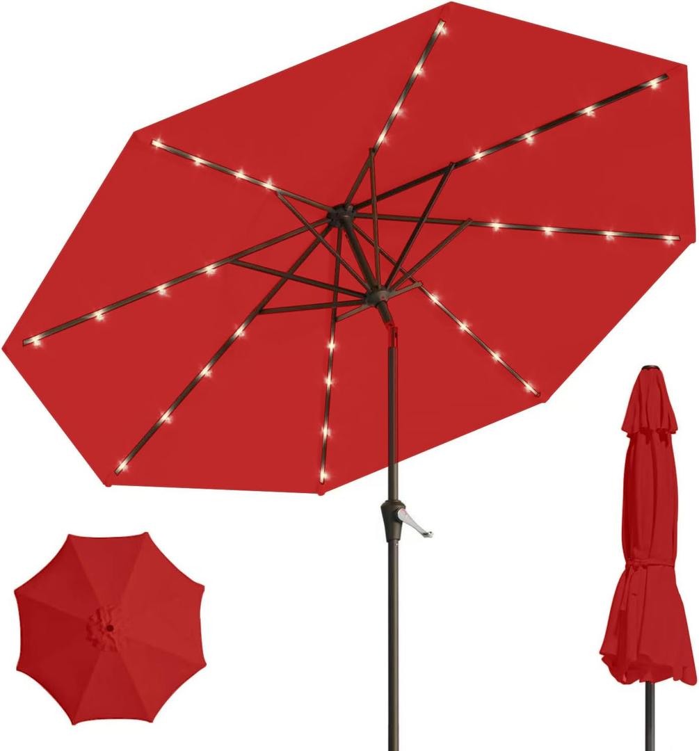 9' Solar LED Patio Umbrella with Tilt & Crank|8 Sturdy Ribs,UV Protection,Outdoor Market Table Umbrella for Deck,Lawn,Pool,Backyard (Red)