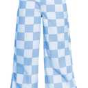 OYOANGLE Girl's Checkered Print Wide Leg Baggy Jeans Zipper Fly Straight Leg Elastic High Waist Denim Pants with Pocket (Light Blue, 9 Years)