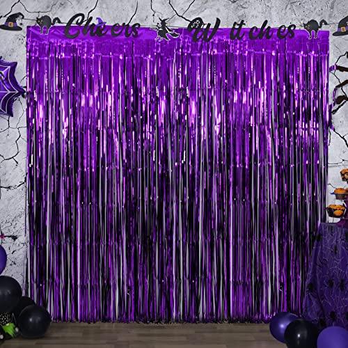 LYUBASA 2 Pack Halloween Party Decorations,Black and Purple Tinsel Foil Fringe Curtains,Halloween Theme Photo Booth Prop Streamer Backdrop Decor Indoor Outdoor Party Supplies for Birthday Anniversary