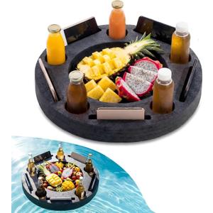Qinyoung Large Floating Drink Holder Black Floating Refreshment Table Tray Compartment Portable Floating Pool Tray for Swimming Pool Accessories Hot Tub Beach and Party Decor, 19.7 in diameter, 2.36 in height