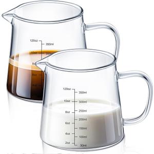 Honeydak 2 Pack 12oz Coffee Measuring Glass Cups Espresso Pitcher Heat Resistant Glass Coffee Measuring Cup Milk Frothing Pitcher Espresso Shot Glasses, Creamer Container, Microwave Dishwasher Safe