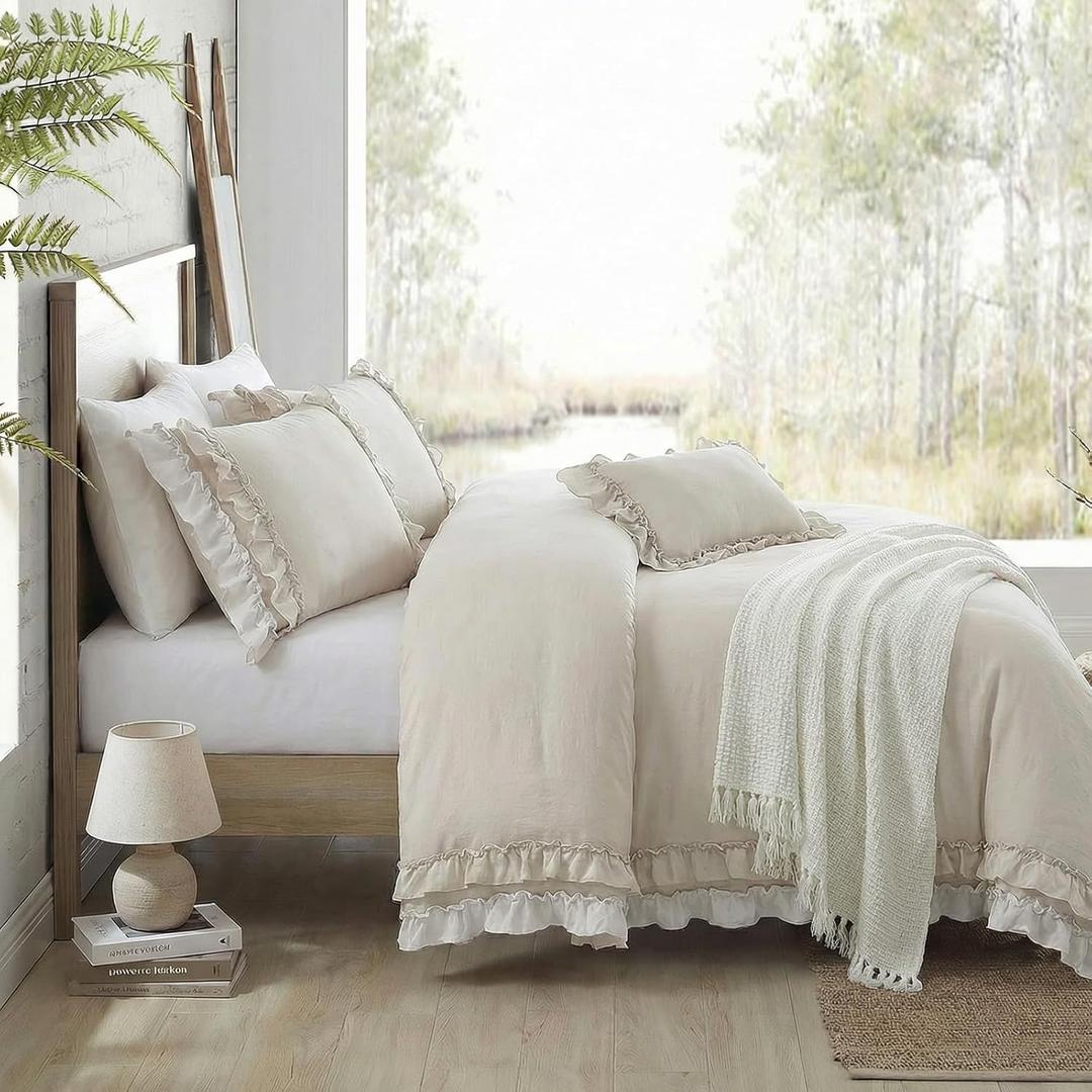Bedorm Beige Duvet Cover Set Queen Ruffle Bedding Set Pleat Ruffled Shabby Chic Comforter Cover Extra Soft & Easy Care White Boho Duvet Cover with Zipper Closure Cream, Queen