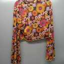 Women's Y2K Floral 70s Top Hippie Shirt Sheer Mesh Tee Shirt Disco Long Bell Sleeve T Shirts Crew Neck Boho Crop Tops (X-Large)
