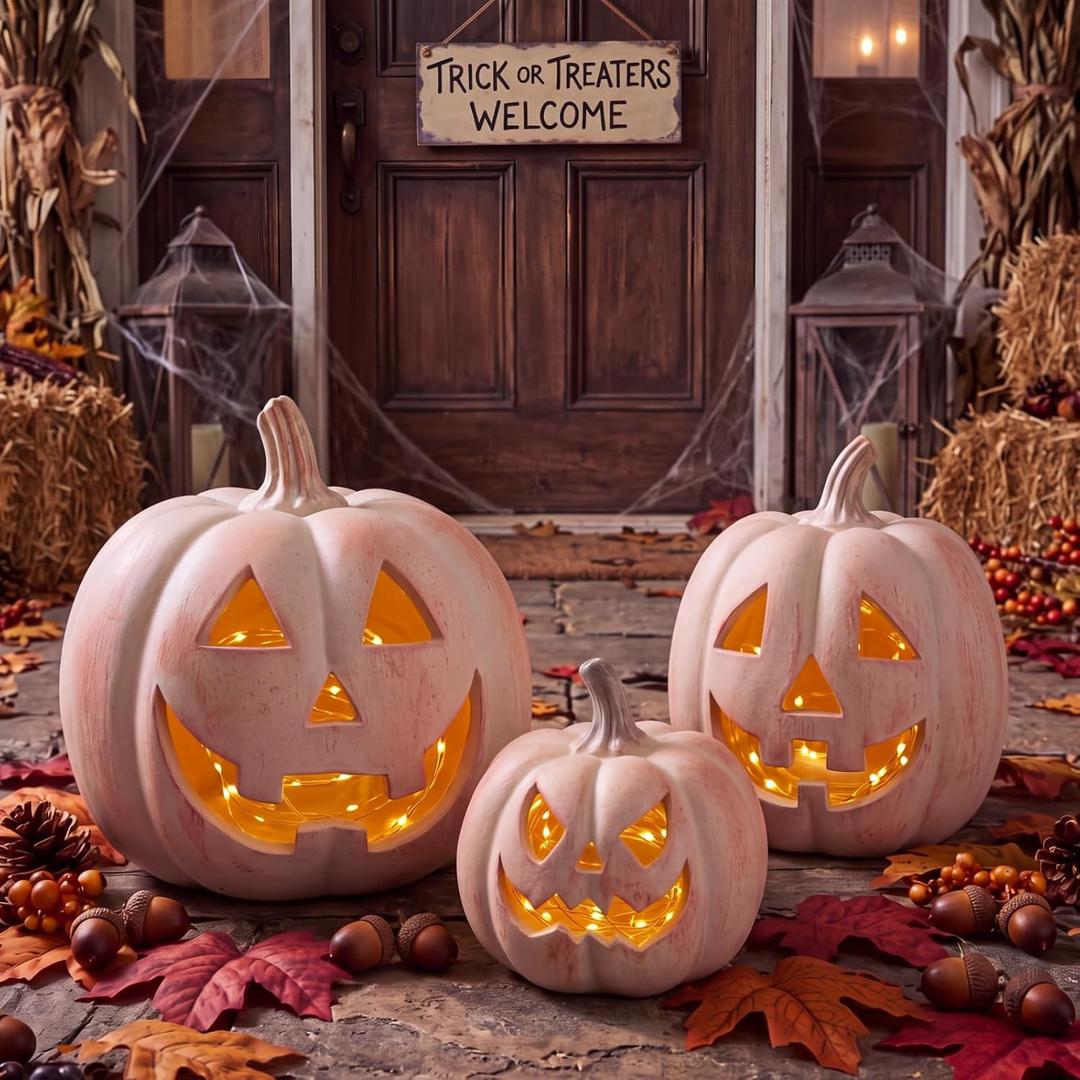 Fuutreo 3 Pcs Resin Halloween Pumpkin Decor Jack O' Lantern Outdoor Decor
