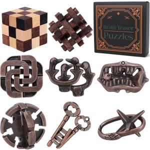 8 Pcs Brain Teaser Puzzles for Adults Teens - Wooden Puzzles 3D Puzzle Game Toys for Adults Teens - Metal Unlock Interlocking Puzzle Adult IQ Education Smart Toys