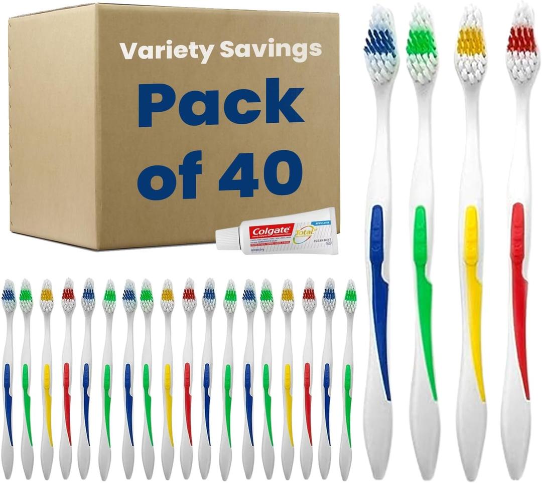 40 Toothbrushes Bulk Wholesale Quantity Standard Size, Dental Care Toiletries, Medium Soft Bristles, Individually Wrapped, Homeless Care, Disposable Use, Hotels, Travel,