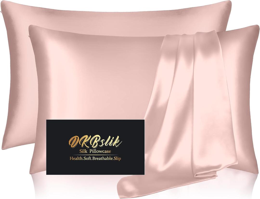 Silk Pillow Cases 2 Pack, Mulberry Silk Pillowcases Standard Set of 2, Smooth, Anti Acne, Beauty Sleep, Both Sides Natural Silk Satin Pillow Cases for Women 2 Pack with Zipper for Gift, Coral