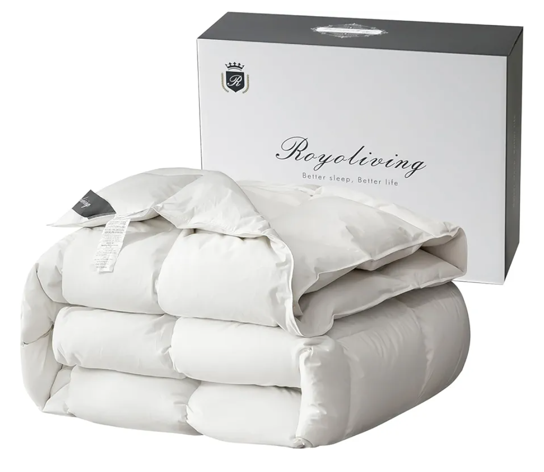 Royoliving Luxurious Down Duvet Insert Feather Queen Size Heavyweight Thickened Full Size 100% Organic Cotton Cover Winter with Corner Tabs (90x90, 60 oz)