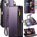 Defencase Compatible with iPhone 15 Case Wallet with RFID Blocking Card Holder for Women and Men, Fashion PU Leather Magnetic Snap Flip Zipper Strap Wallet Phone Case Fit for iPhone 15 6.1", Purple