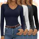4 Pack Women's Long Sleeve Thermal Shirts Fleece Lined V Neck Slim Fit Underwear Base Layer Basic Winter Warm Tops (Medium, Black, Dark Gray, White, Navy Blue)