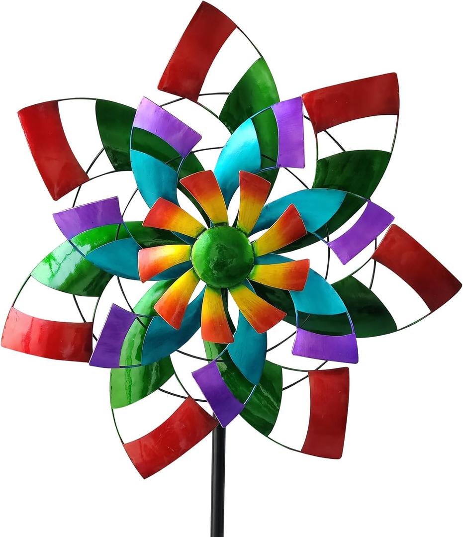 24" Dia Large Wind Spinner, Colorful Metal Wind Sculptures 83.5" Height Heavy Kinetic Windmill with 5 Prong Stake for Outdoor Patio, Yard and Garden, Ideal Gift for Family Friend (Colorful-triple Blades)