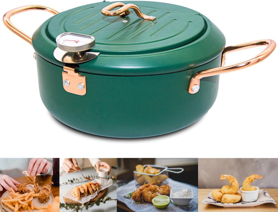 Deep Fryer Pot, 4.3L/11 Inch Japanese Tempura Frying Pot with Fahrenheit Thermometer, Nonstick Carbon Steel Oil Fryer, for Tempura/Frech/Fish/Chicken Fries, Easy Clean, Green (11INCH/4.2L, GREEN)