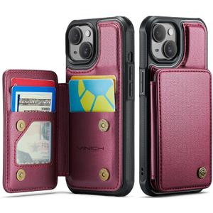 Vinich for iPhone 15 Wallet Case with Card Holder, RFID Blocking Credit Slots Kickstand Shockproof Phone Cover Fit for iPhone 15 6.1" Wine Red