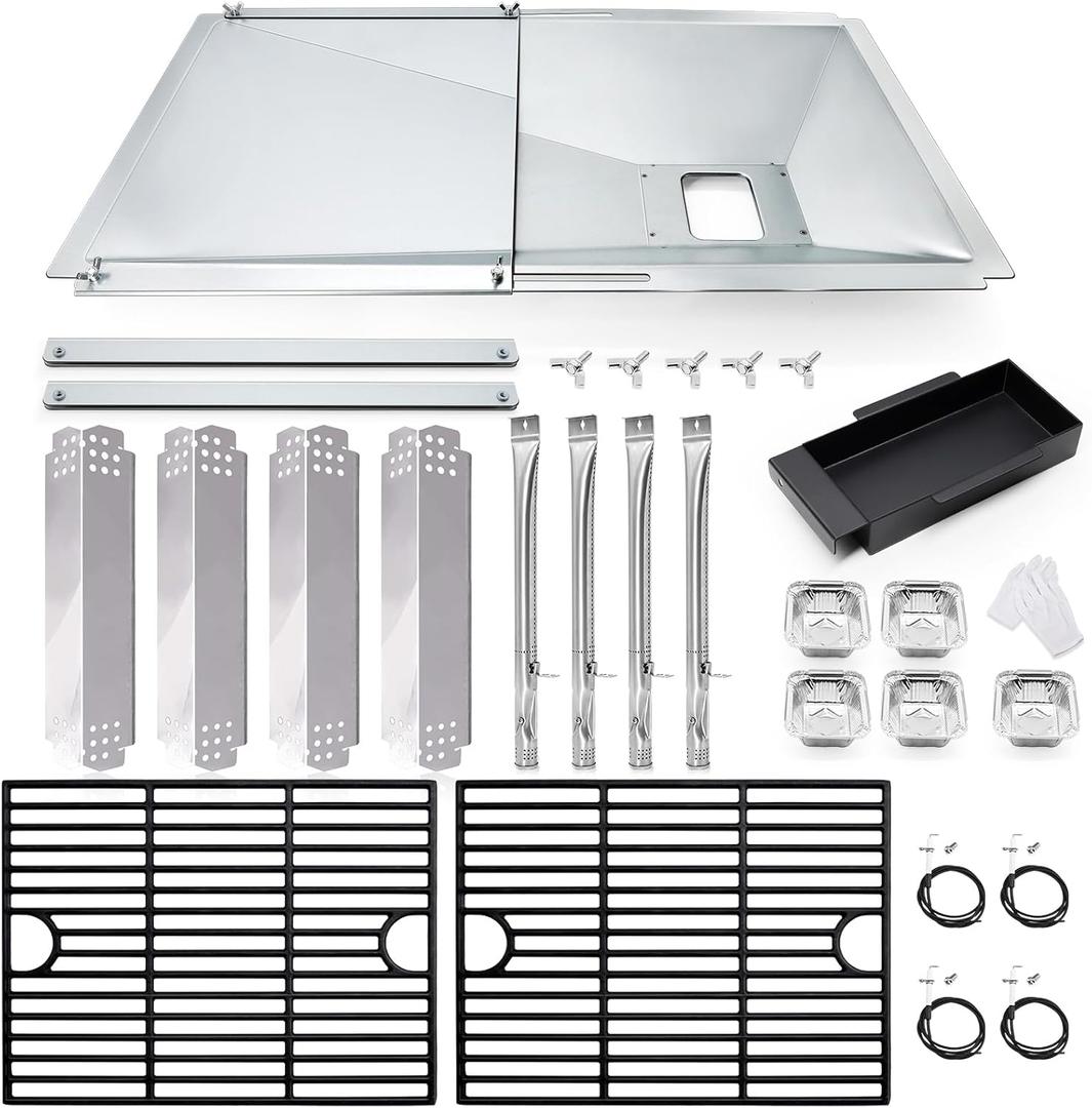 Grill Drip Pan Kits for Nexgrill 720-0830X Replacement Parts, Adjustable Grease Tray with Catch Pan, Cooking Grid Grates, Heat Plates Flame Tamer, Burner and Igniters for Nexgrill 4 Burner 720-0830X.