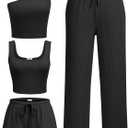 Ekouaer Womens 4 Piece Lounge Sets Ribbed Knit Crop Tank Top and Shorts Pants Casual Outfits, XXL