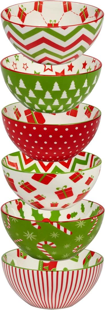 Holiday Fun 13 oz Porcelain Bowls Set of 6  Festive Assorted Designs, Chip-Resistant, Dishwasher & Microwave Safe, Durable All-Purpose Holiday Dinnerware for Snacks, Soups, and Desserts. (4.75 inches (W) x 2.25 inches (H))