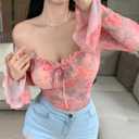 GORGLITTER Women's Floral Print Off Shoulder Tops Bell Long Sleeve Frill Trim Sheer Mesh T-Shirt Top Pink X-Large (Pink, XL)