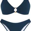 ZAFUL Women's Sexy Triangle Bikini Set O Ring Linked Two Piece Swimsuits Textured Ruched Cheeky Bathing Suit (Blue, M)