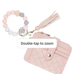 Keychain Wallet with Bracelet RFID Blocking Wristlet Credit Purse Card Holder, Silicone Bead Tassel Key Ring for Women