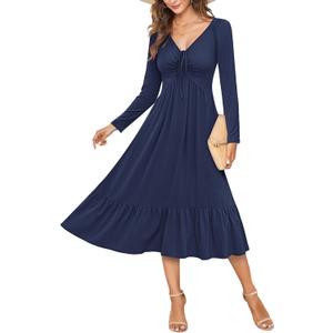 AUSELILY Women's Empire Waist Dress Long Sleeve V Neck Drawstring Long Flowy A-line Midi Casual Fall Dresses 2025 (Blue, M)