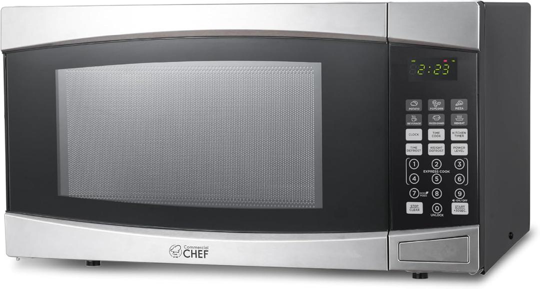 COMMERCIAL CHEF 1.4 Cubic Foot Microwave with 10 Power Levels, Small Microwave with Push Button, 1100 Watt Microwave with Digital Control Panels, Countertop Microwave with Timer, Stainless Steel