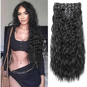 FLUFYMOOZ Clip In Hair Extensions, 6PCS Hair Extensions Long Mermaid Waves Wavy Synthetic Clip On Hairpiece For Women 24 Inch (Natural Black)