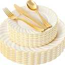 YOUBET 125PCS Scalloped Plastic Plates - Ivory Scalloped Disposable Plates - Gold Plastic Dinnerware Set Include 50 Plates, 75 Gold Silverware for Party & Wedding, 7.5/10.25 inches