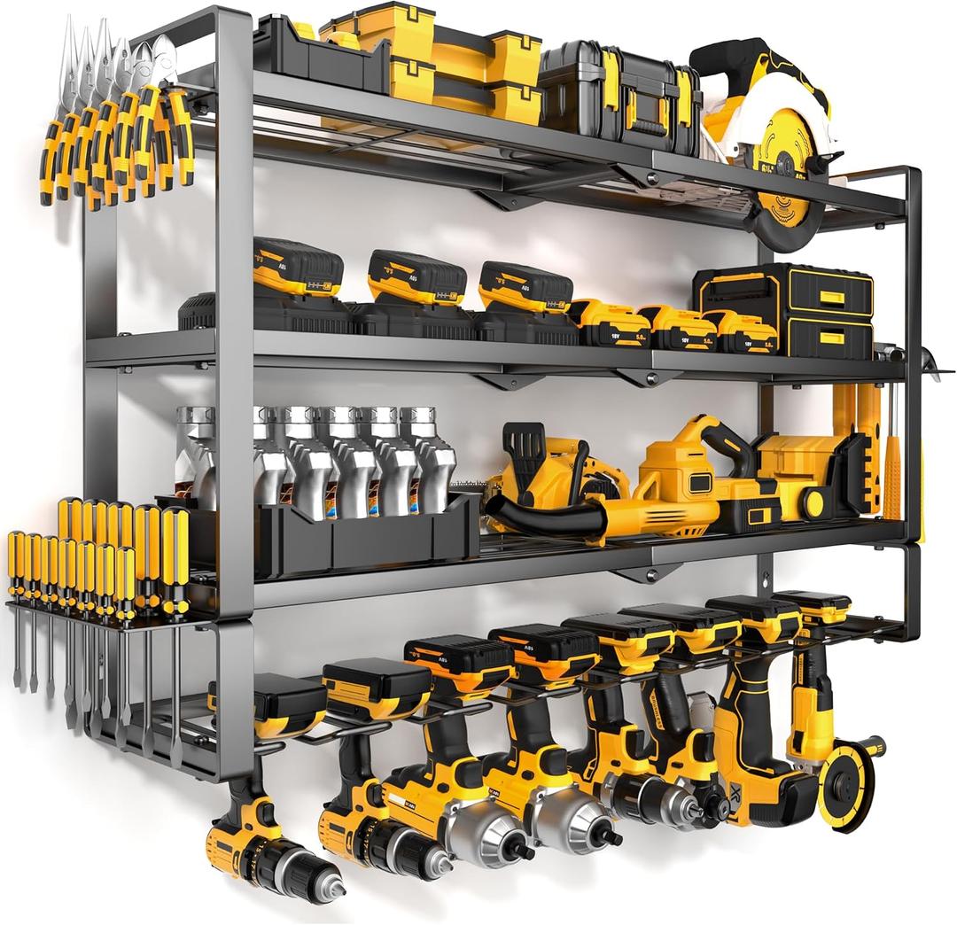 MOOMSINE Large Power Tool Organizer Wall Mount, 4-Tier Heavy Duty Metal Storage Rack Loads 400lbs, Battery Tools Hanger with 8 Cordless Drill Holder for Garage, Workshop, Pegboard, Shed, 32 Inch（4 Tier Extra Tall）