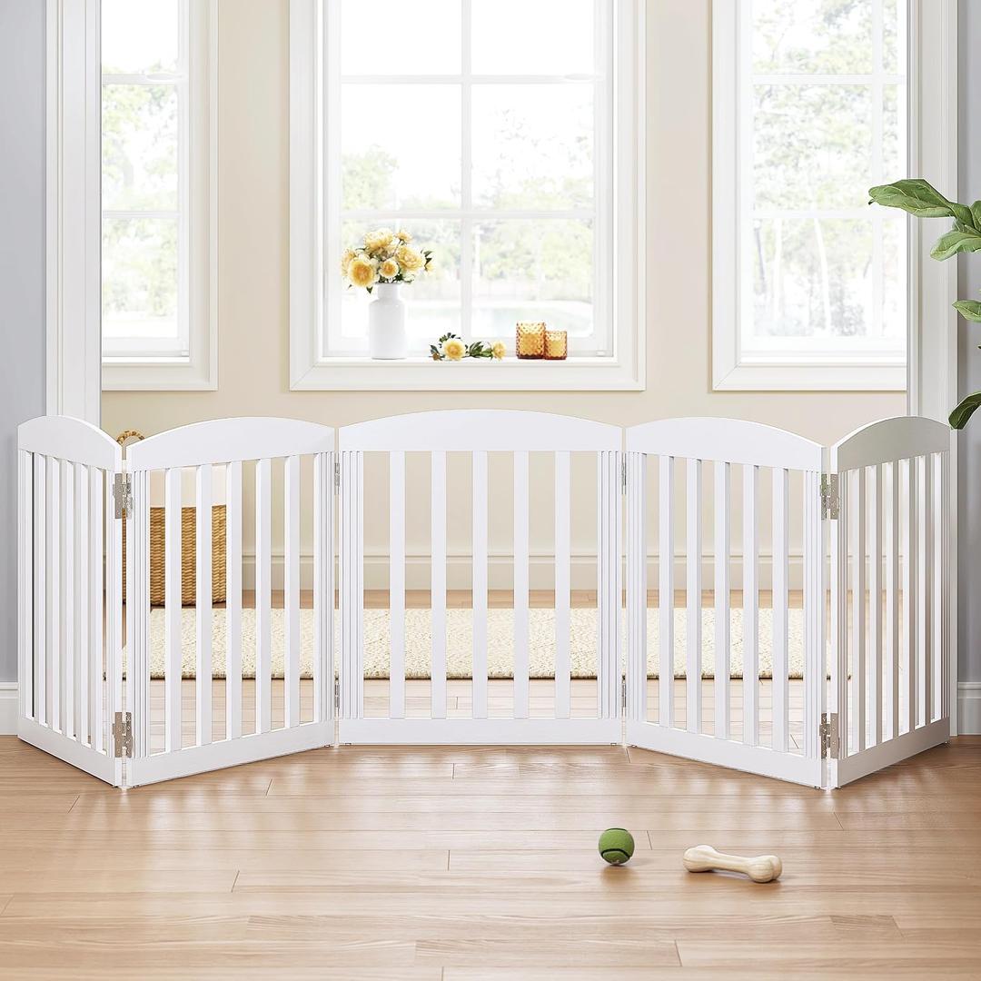 SPIRICH 120" Extra Wide 28" Tall Dog Gate Indoor, Dog Gates for Doorways, Stairs, The House, Wooden Freestanding Foldable Pet Gate, Step Over Puppy Gate, 5 Panels, Antique White, [5 Panels]120"W x 28"H