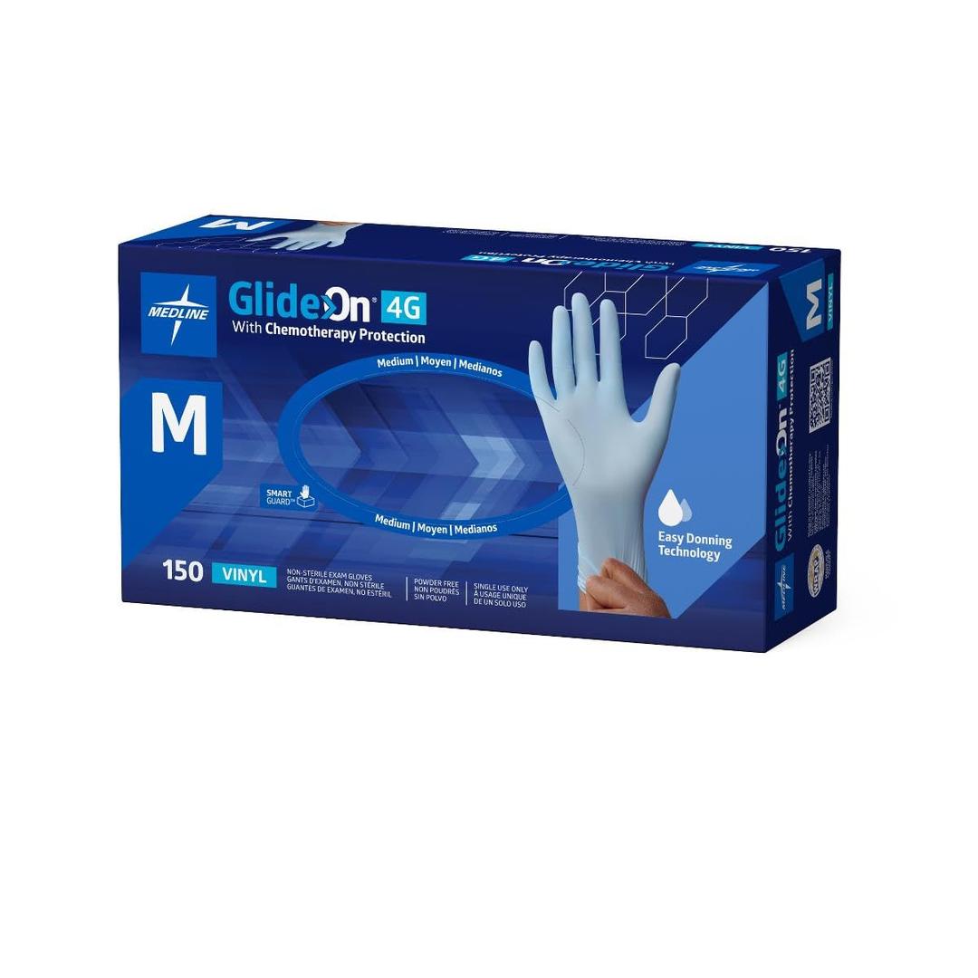 Medline Glide-On 4G Vinyl Exam Gloves with Chemotherapy Protection, Powder-Free, Size M, Pack Of 10