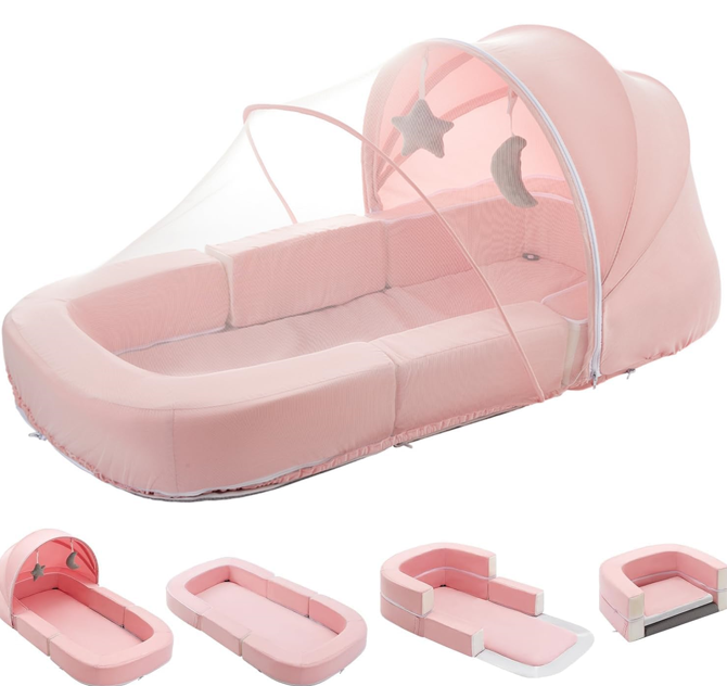Todldler Baby Travel Bassinet Bed & Chair, Fold Out Sofa Couch Lounger with 2-1 Mosquito & Canopy, Foldable Portable Travel Cot with Foam Raised Safety Bumpers for Infant Toddlers 0-36 Months (Pink)