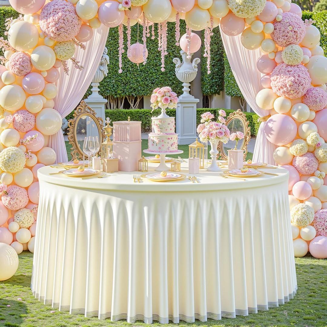 Wish Care Ivory Tulle Tablecloth 48 Inch Spandex Elastic Round Table Cloths Ruffle Tutu Skirt 4ft Wrinkle Free Stretch Fitted Round Table Cover for Bridal Shower Wedding Birthday Party Banquet Cake