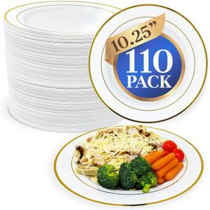 Reli. 110 Pcs Plastic Dinner Plates, Disposable (10.25 inch, White w/Gold Rim) Heavy Duty Plates for Party, Elegant Dinner, Wedding, Birthday | White, Hard Plastic