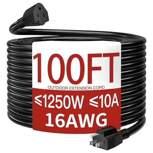 16/3 10A 125V 1250W 100 Ft Outdoor Extension Cord Waterproof, Weatherproof & Flame Retardant Black 3 Prong Power Cord Outside for Lawn & Garden, SJTW ETL Listed
