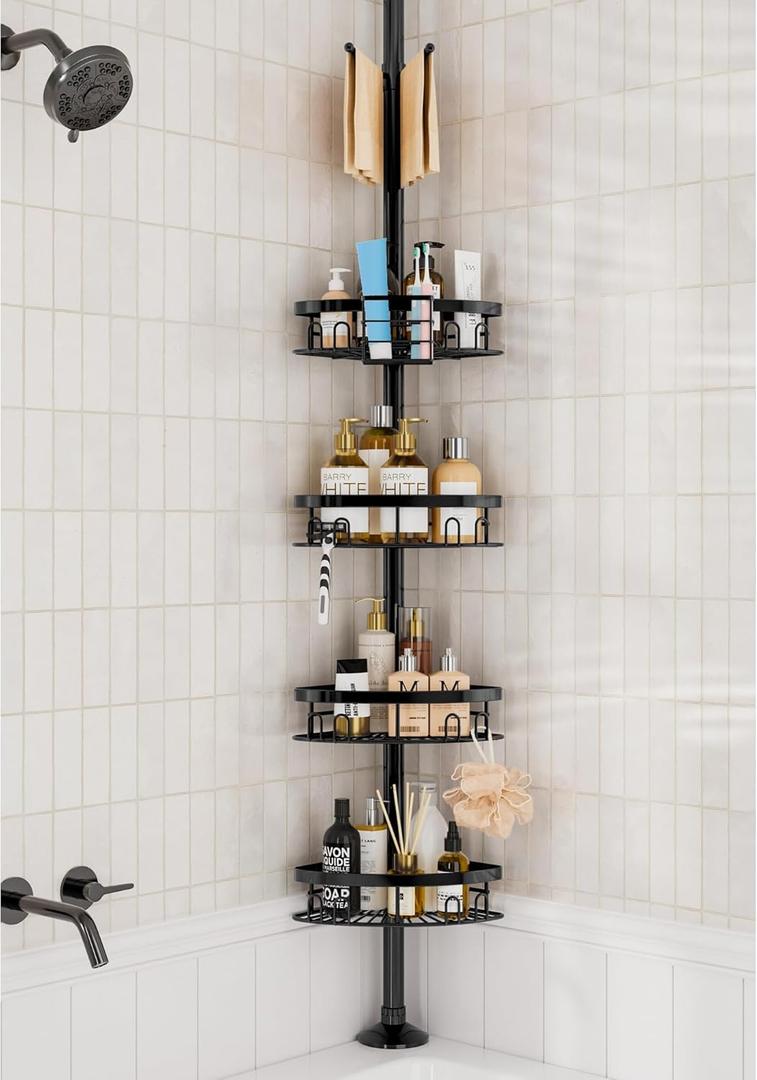 Cutefafa Rustproof Corner Shower Caddy Freestanding Tension Pole, 4 Large Baskets for Bathtub Shampoo Storage Organizer Bathroom Height Adjustable Shelves from 23.6 to 114.5 Inch with Towel Bar (Black)