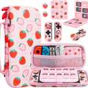 FANPL Pink Carrying Case for Nintendo Switch and Switch OLED Cover, Strawberry Travel Case Bundle with 2 Joy con Shells, 2 Thumb Grip Caps, Adjustable Shoulder Strap, Portable Switch Accessories Bag
