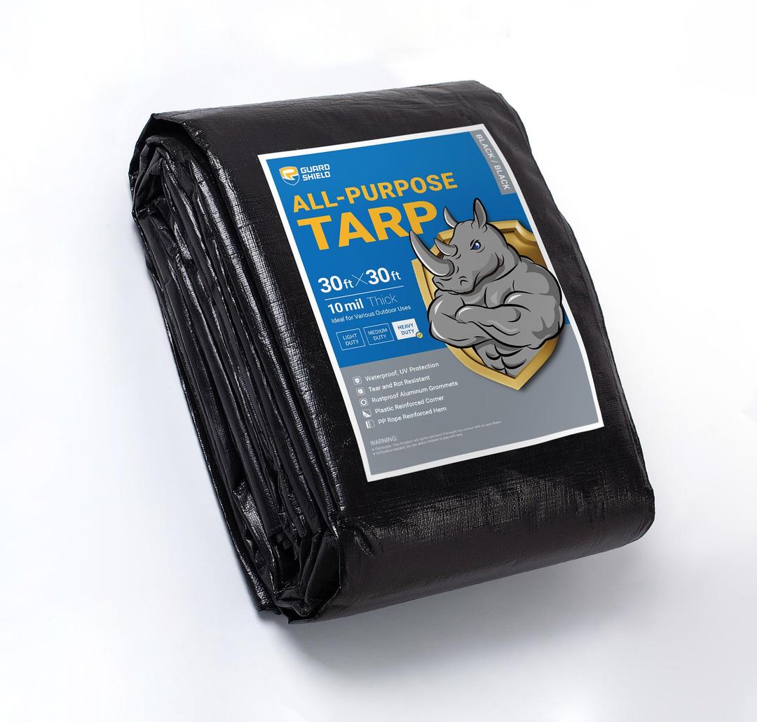 GUARD SHIELD Tarps Heavy Duty Waterproof 30x30 Feet Black Poly Tarp Cover Outdoor Thick UV Resistant Tarpaulin with Grommets 10mil