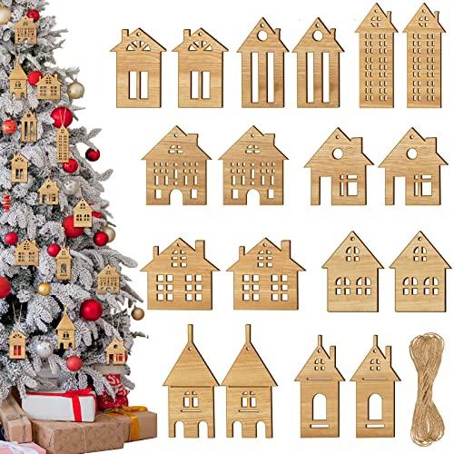 18 Pcs Christmas Wooden House Cutout Ornaments Xmas Tree Wooden Tag Hanging Decoration Double Side Wood DIY Craft Cutout with Ropes Ornaments for Christmas(Small,Wood)