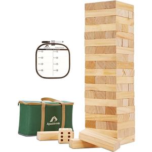 ApudArmis 60 PCS Giant Tumble Tower, (Stack up to 5Ft) Pine Wooden Stacking Timber Game with 1 Dice Set - Classic Block Giant Outdoor Game for Teens Adults Family (Burlywood)