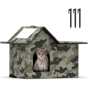 Outdoor Cat House Weatherproof, Large Feral Cat House for Winter, Collapsible Outdoor Cats Shelter in Winter with Door and Soft Mat, Easy to Assemble (Green) (17*13*15 inch)